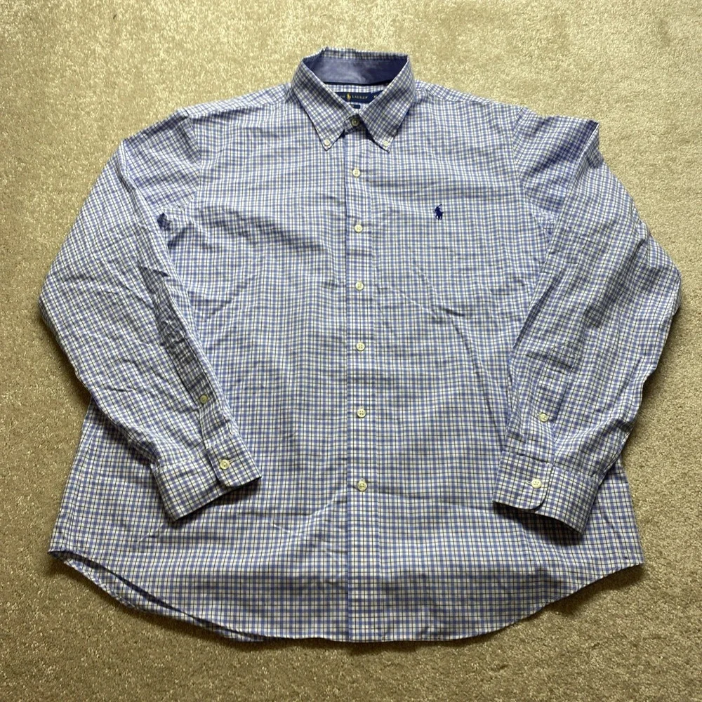 Ralph Lauren Button Down Shirt Mens XL Blue Tattersall Check Non-Iron Cotton